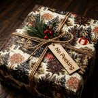 Rustic Christmas wrapping paper with forest pattern, twine bow, and wooden tag by Wrapped Studios.