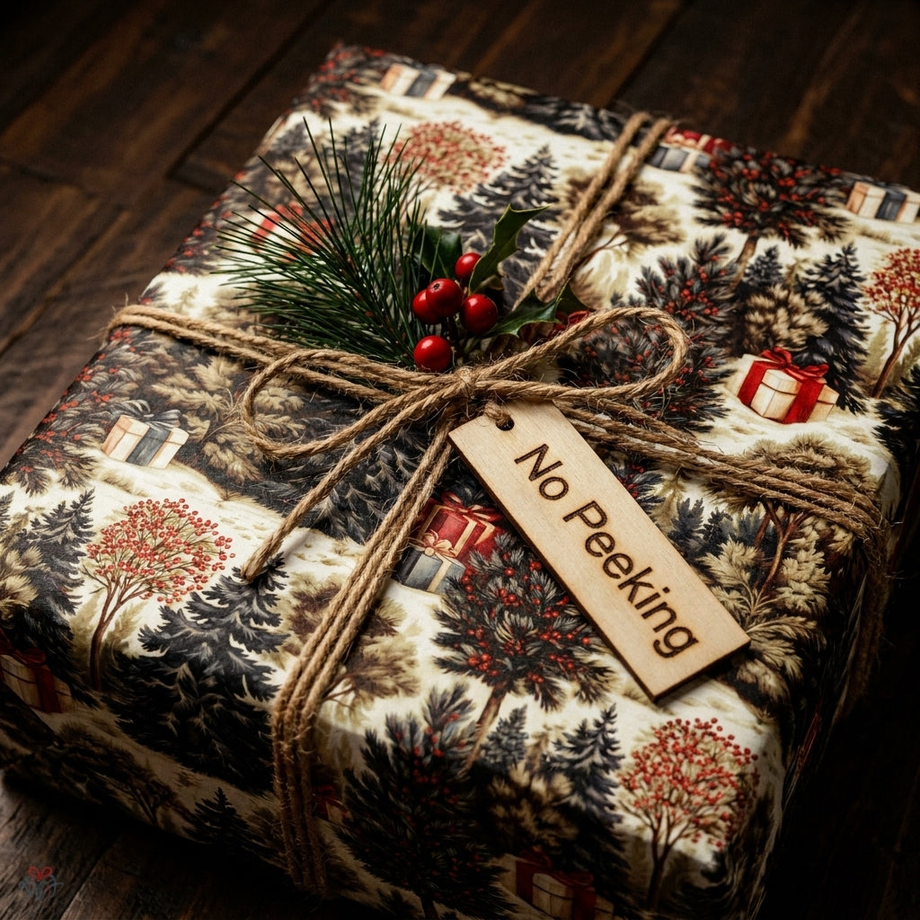 Rustic Christmas wrapping paper with forest pattern, twine bow, and wooden tag by Wrapped Studios.