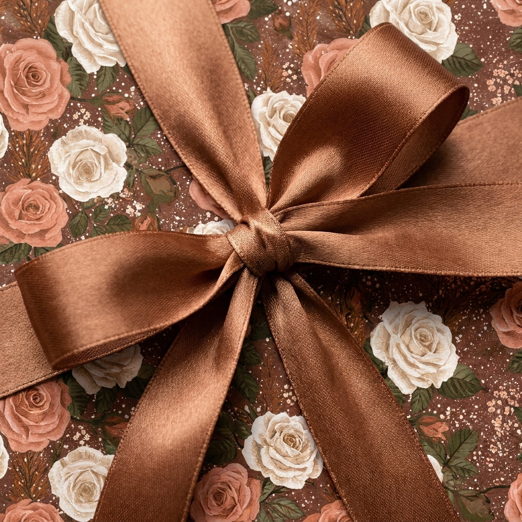Elegant vintage floral wrapping paper with cream roses and a brown satin bow, by Wrapped Studios.