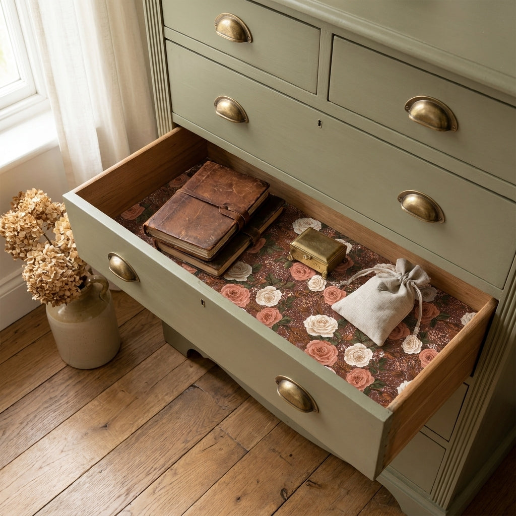 Rose floral wrapping paper used as a vintage drawer liner in a sage green dresser. Wrapped Studios.