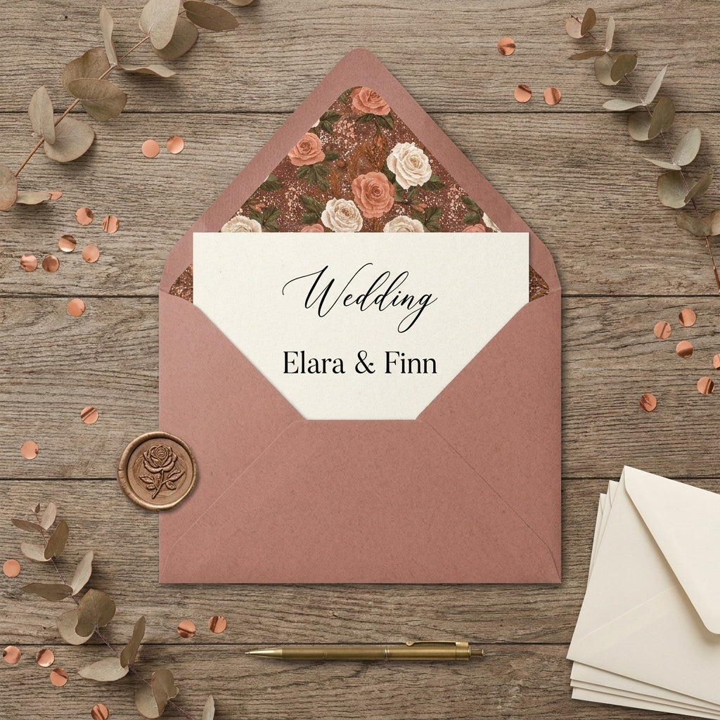 Elegant dusty rose wedding invitation with floral envelope liner on wood by Wrapped Studios.