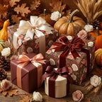 Luxury floral wrapping paper on autumn gift boxes with velvet ribbons and pumpkins by Wrapped Studios.