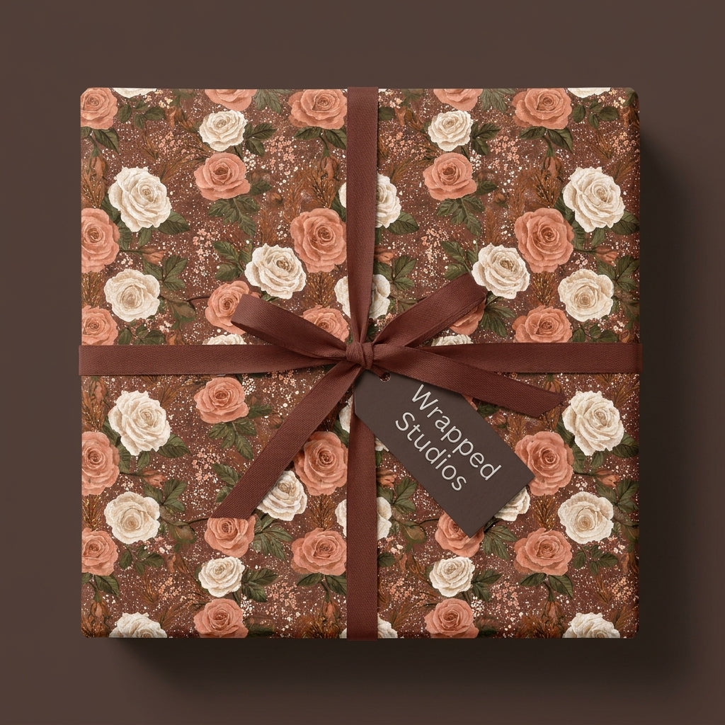 Vintage floral wrapping paper with terracotta roses and a brown ribbon, on a gift box by Wrapped Studios.