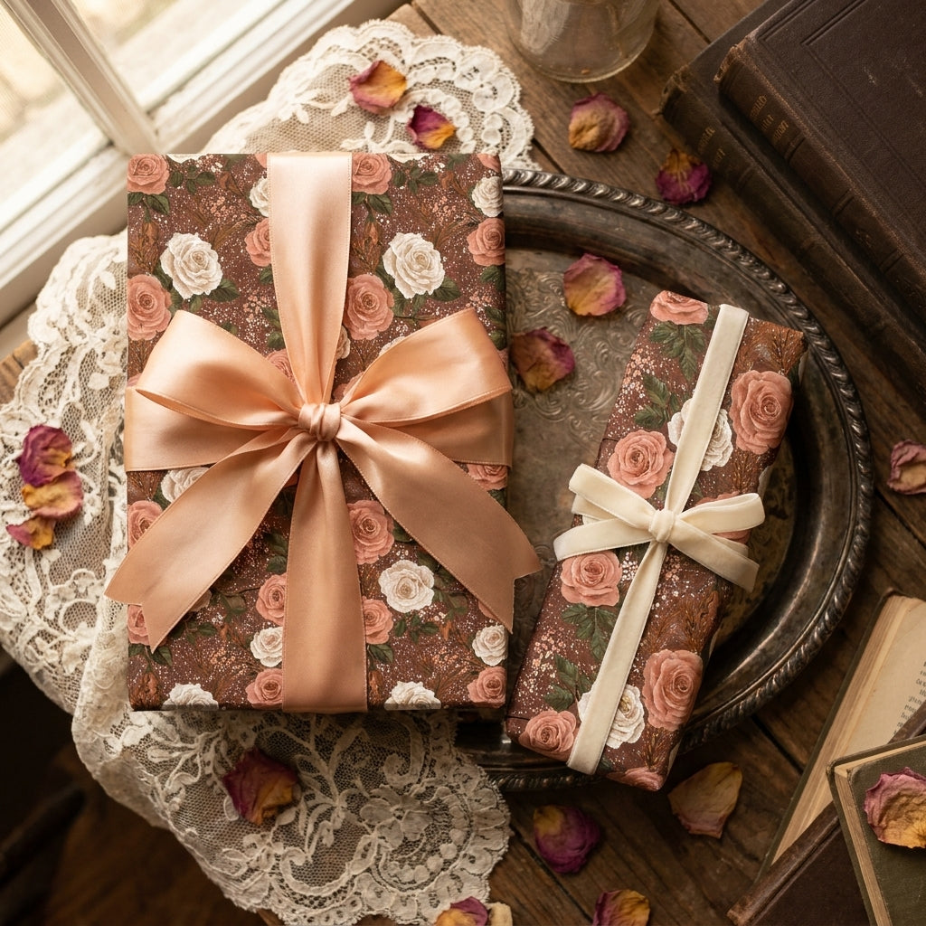 Vintage rose floral wrapping paper with luxury satin ribbon on gift boxes by Wrapped Studios.