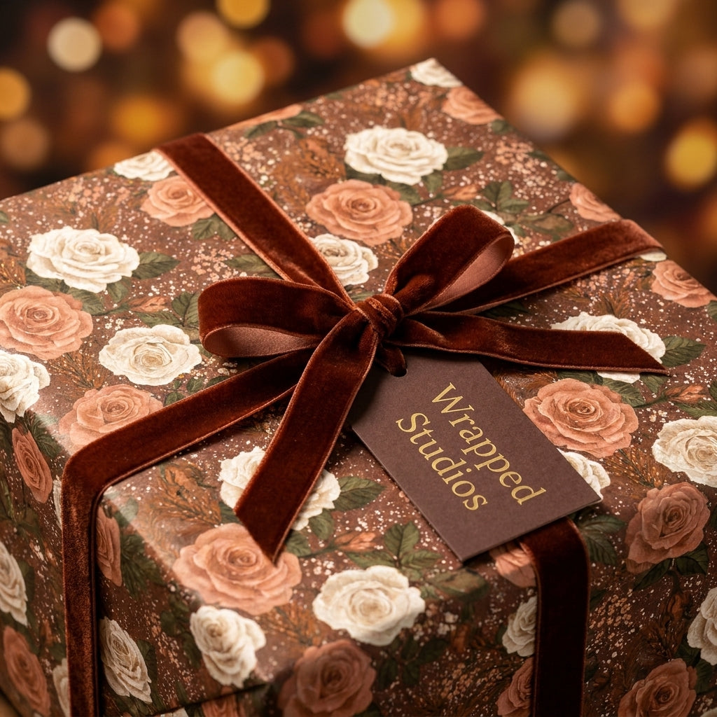 Vintage floral wrapping paper with a brown velvet ribbon and gift tag by Wrapped Studios.