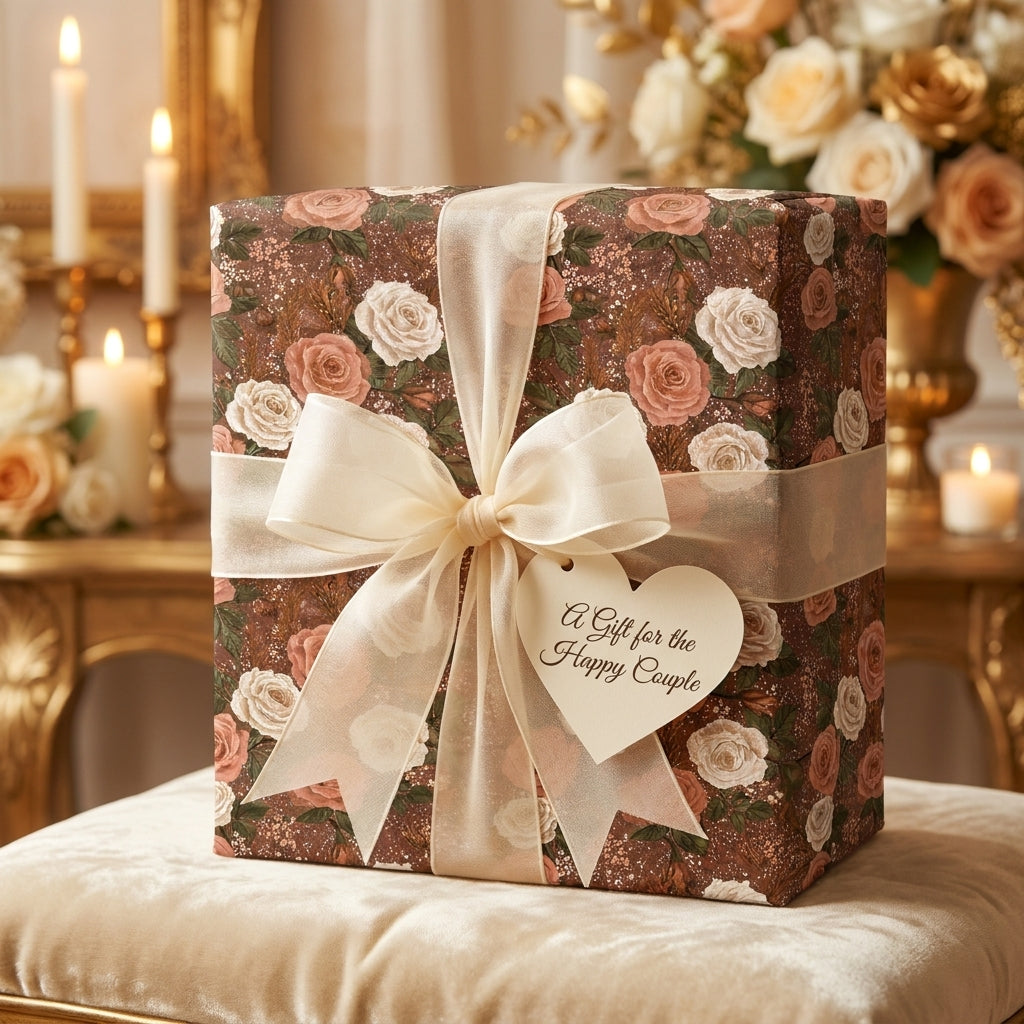 Vintage rose wedding wrapping paper with cream organza bow and heart tag by Wrapped Studios.