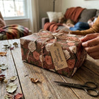 Hands wrapping a gift in vintage floral wrapping paper and twine by Wrapped Studios on a rustic table.