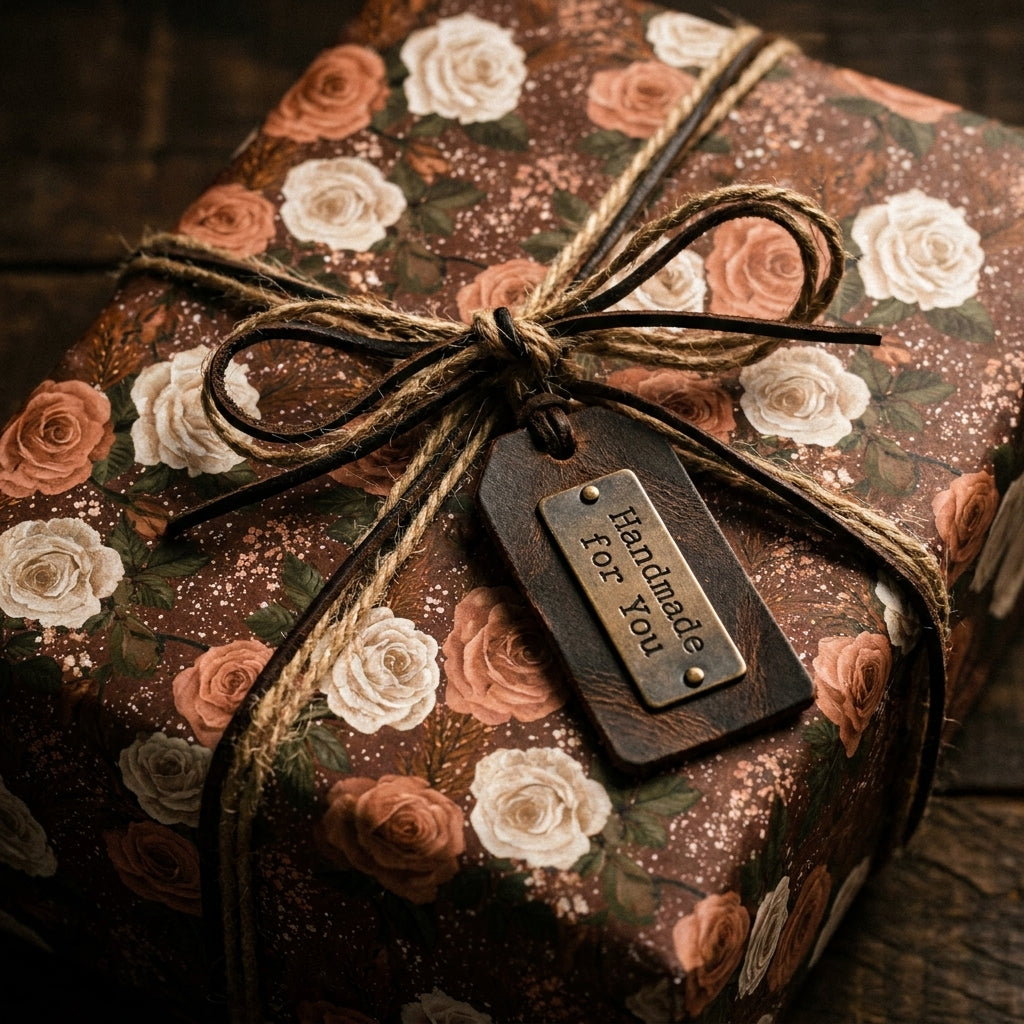 Rustic floral wrapping paper with vintage roses, twine bow, and gift tag by Wrapped Studios.
