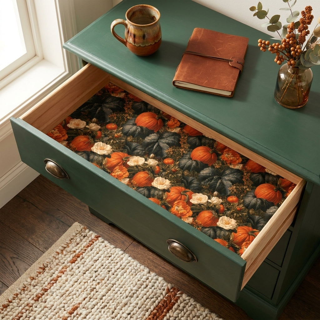 Vintage floral pumpkin wrapping paper used as a drawer liner in a green dresser, by Wrapped Studios.