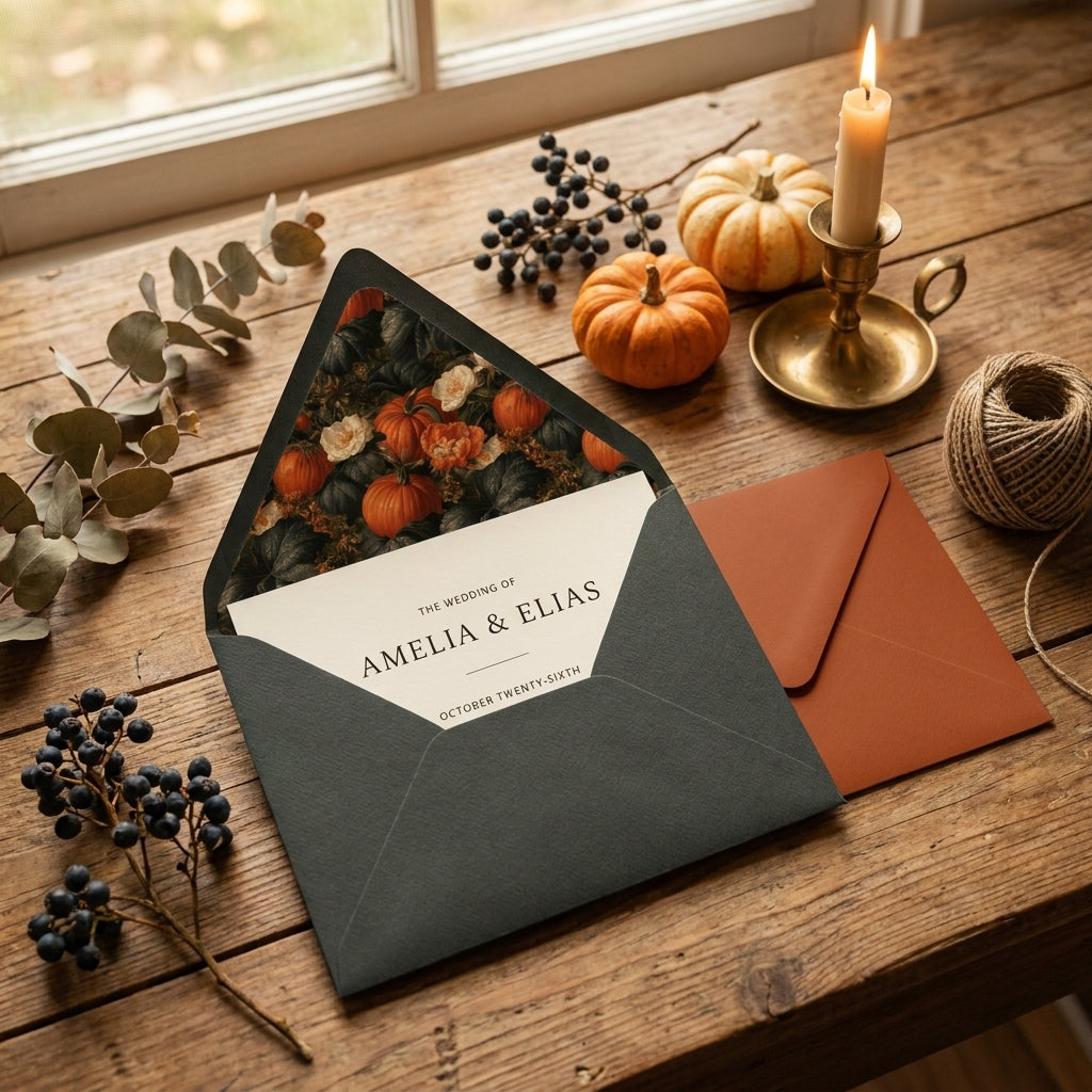 Fall wedding invitation with pumpkin envelope liner and orange envelope by Wrapped Studios.