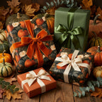 Autumn pumpkin wrapping paper and forest green gift wrap with velvet ribbons by Wrapped Studios.