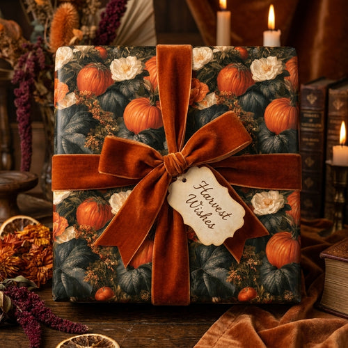 Luxury autumn pumpkin wrapping paper with a rust velvet bow and harvest tag by Wrapped Studios.