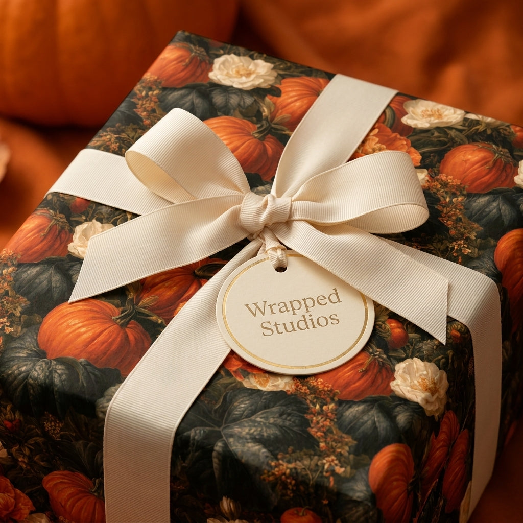 Elegant autumn pumpkin wrapping paper with a cream ribbon bow by Wrapped Studios.