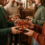 People exchanging autumn gifts in pumpkin wrapping paper with rust velvet bows by Wrapped Studios.