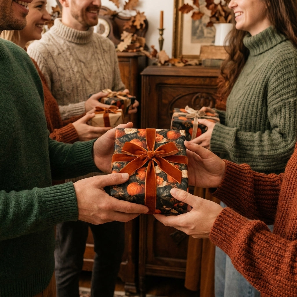 People exchanging autumn gifts in pumpkin wrapping paper with rust velvet bows by Wrapped Studios.
