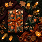 Luxury pumpkin floral wrapping paper with velvet bows for cozy autumn gifts by Wrapped Studios.