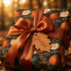 Thanksgiving pumpkin wrapping paper with copper satin bow and "Grateful" leaf tag by Wrapped Studios.