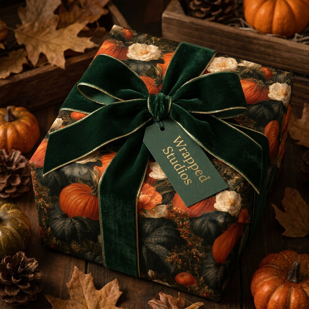 Pumpkin and floral wrapping paper with a green velvet bow, luxury autumn gift wrap by Wrapped Studios.