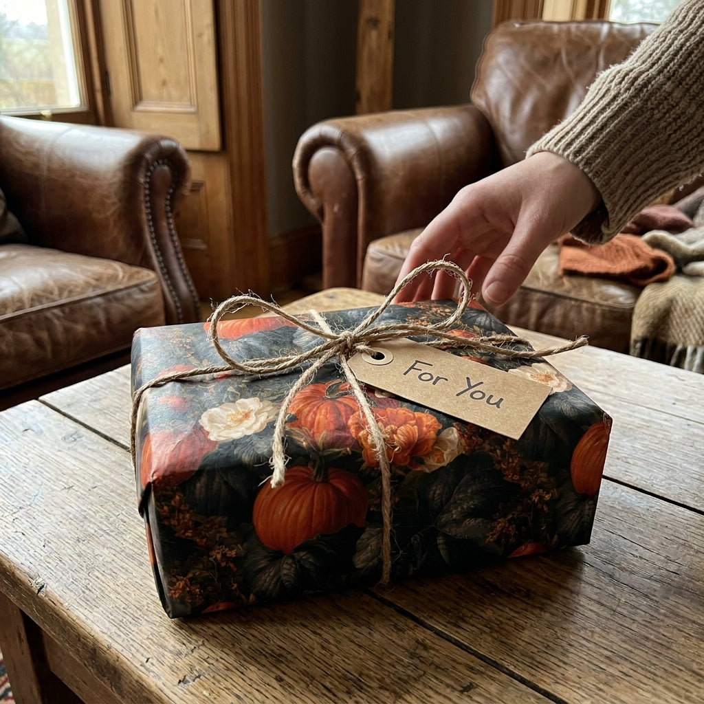 Rustic pumpkin and floral wrapping paper on an autumn gift box by Wrapped Studios.