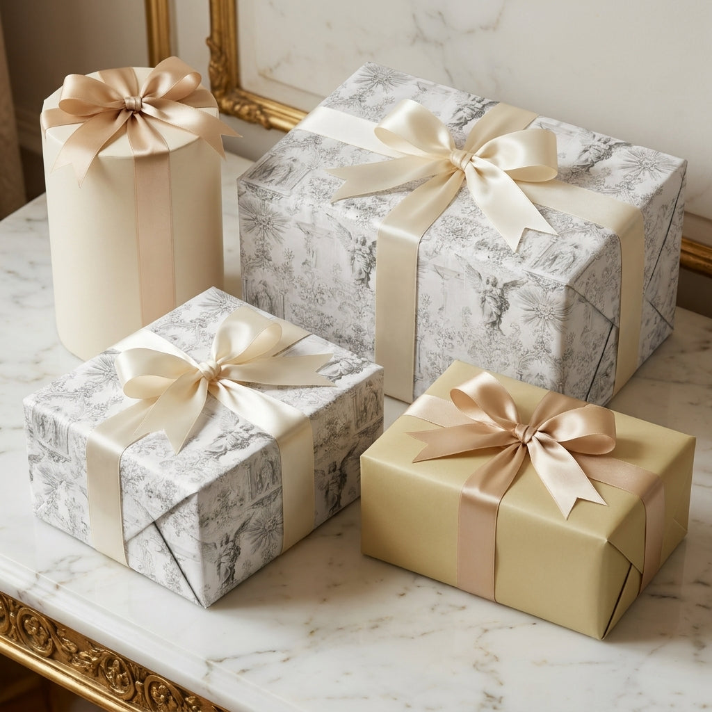 Elegant vintage toile and gold luxury gift wrap with satin bows by Wrapped Studios.
