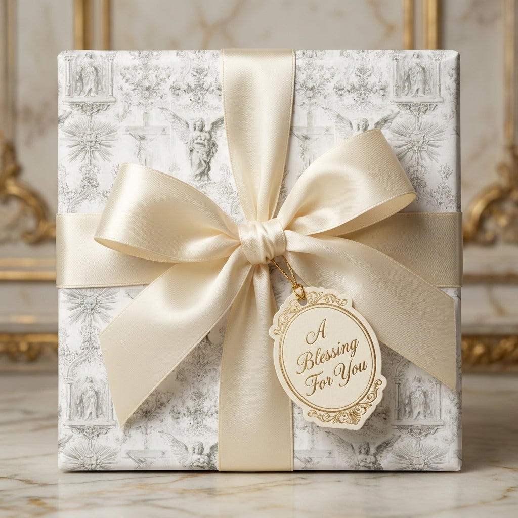 Vintage angel wrapping paper with ivory satin bow for baptism or christening by Wrapped Studios.