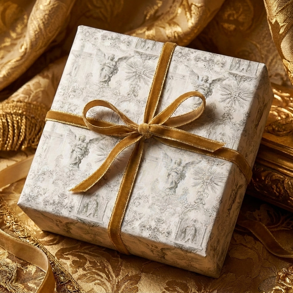 Luxury vintage angel wrapping paper with a gold velvet ribbon by Wrapped Studios.