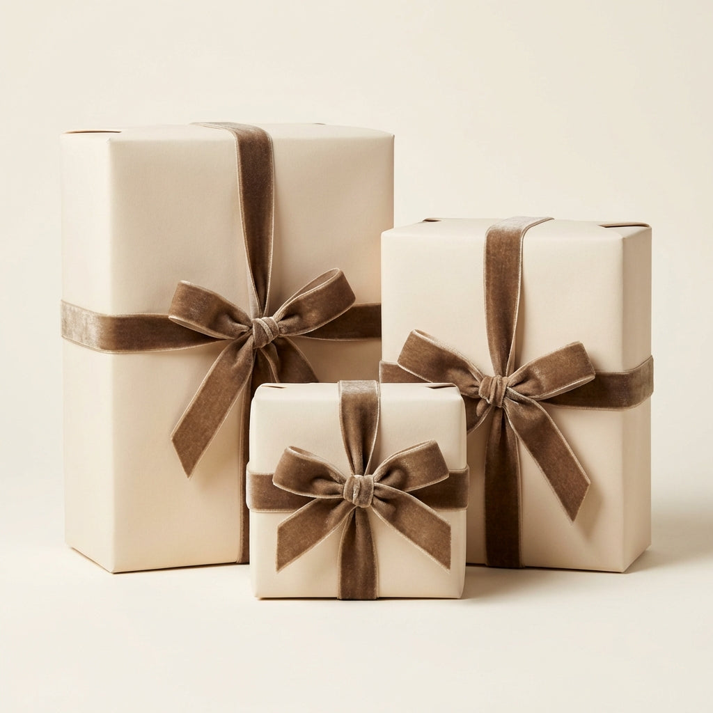 Three antique white gift boxes with brown ribbons on a light beige background