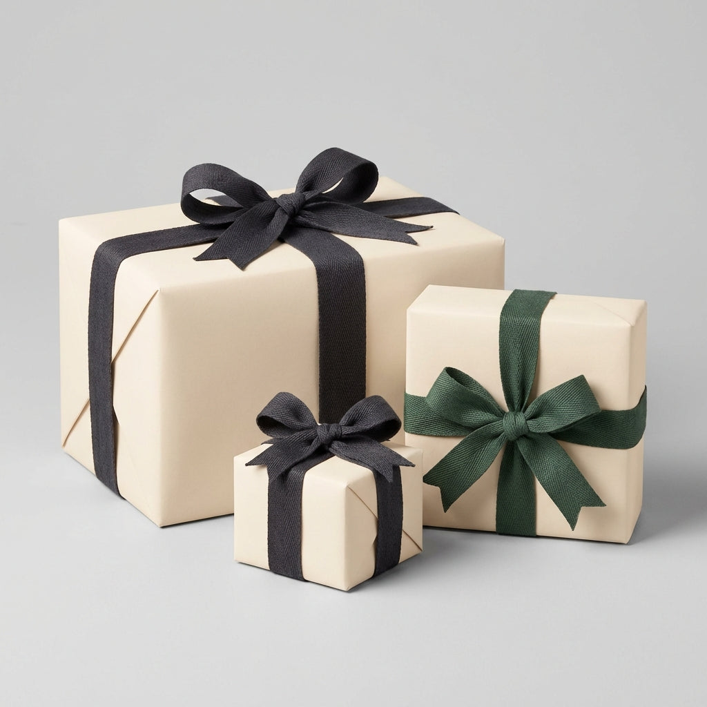 Three antique white gift boxes of different sizes with black and green ribbons on a gray background
