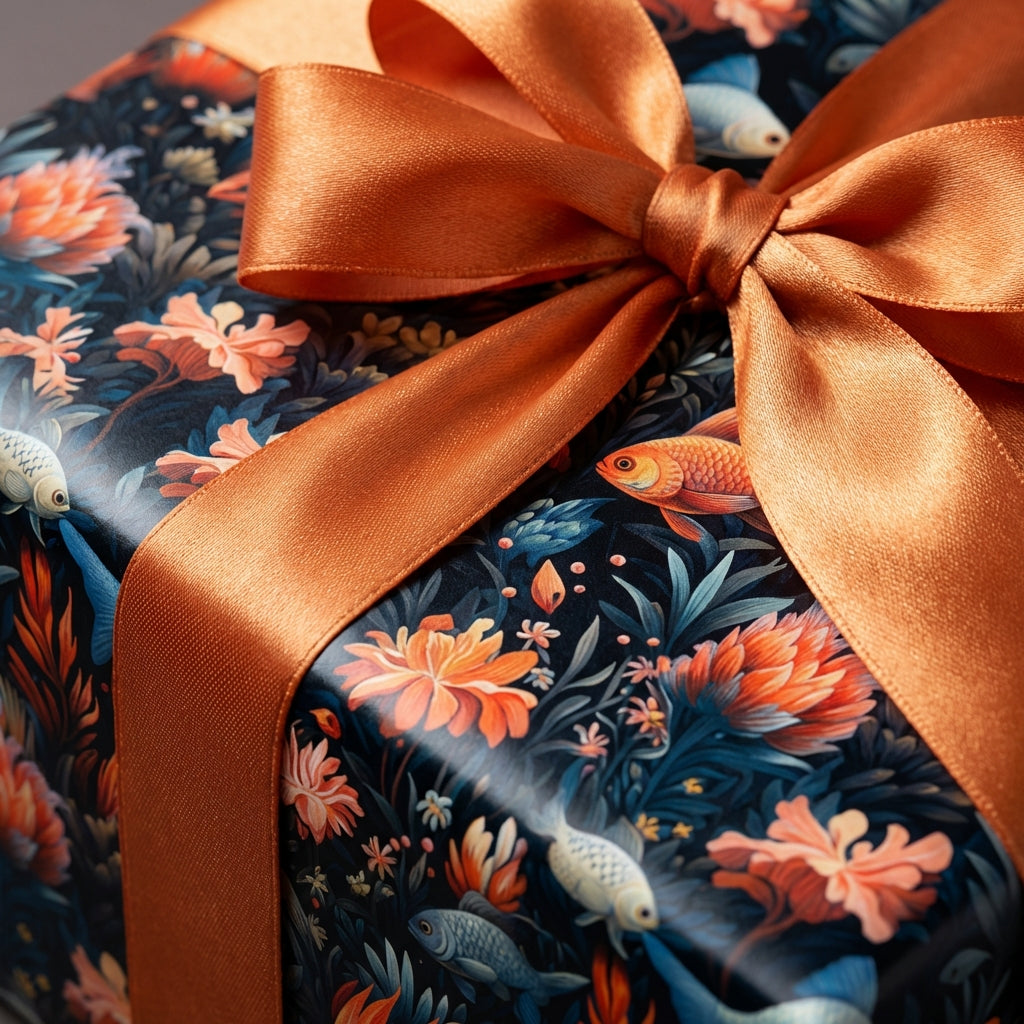 Wrapped gift with floral fish wrapping paper & copper satin ribbon.