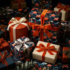 Luxurious floral and fish print gift wrap with velvet ribbons. Wrapped Studios.