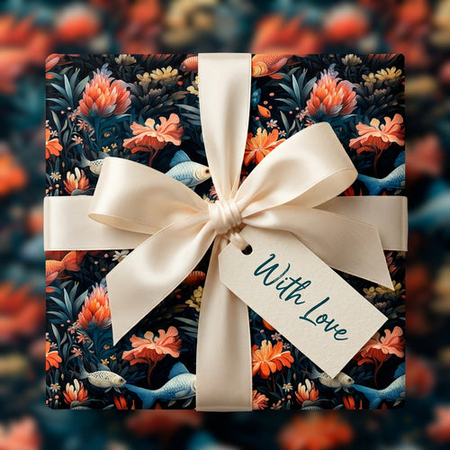 Elegant floral wrapping paper with cream bow and "With Love" tag, from Wrapped Studios.