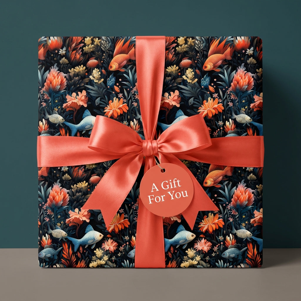 Elegant gift in floral wrapping paper with coral ribbon. "A Gift For You" tag. Wrapped Studios.