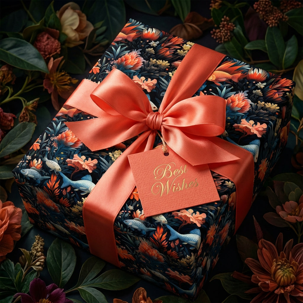 Elegant floral wrapping paper with a coral ribbon and "Best Wishes" tag.