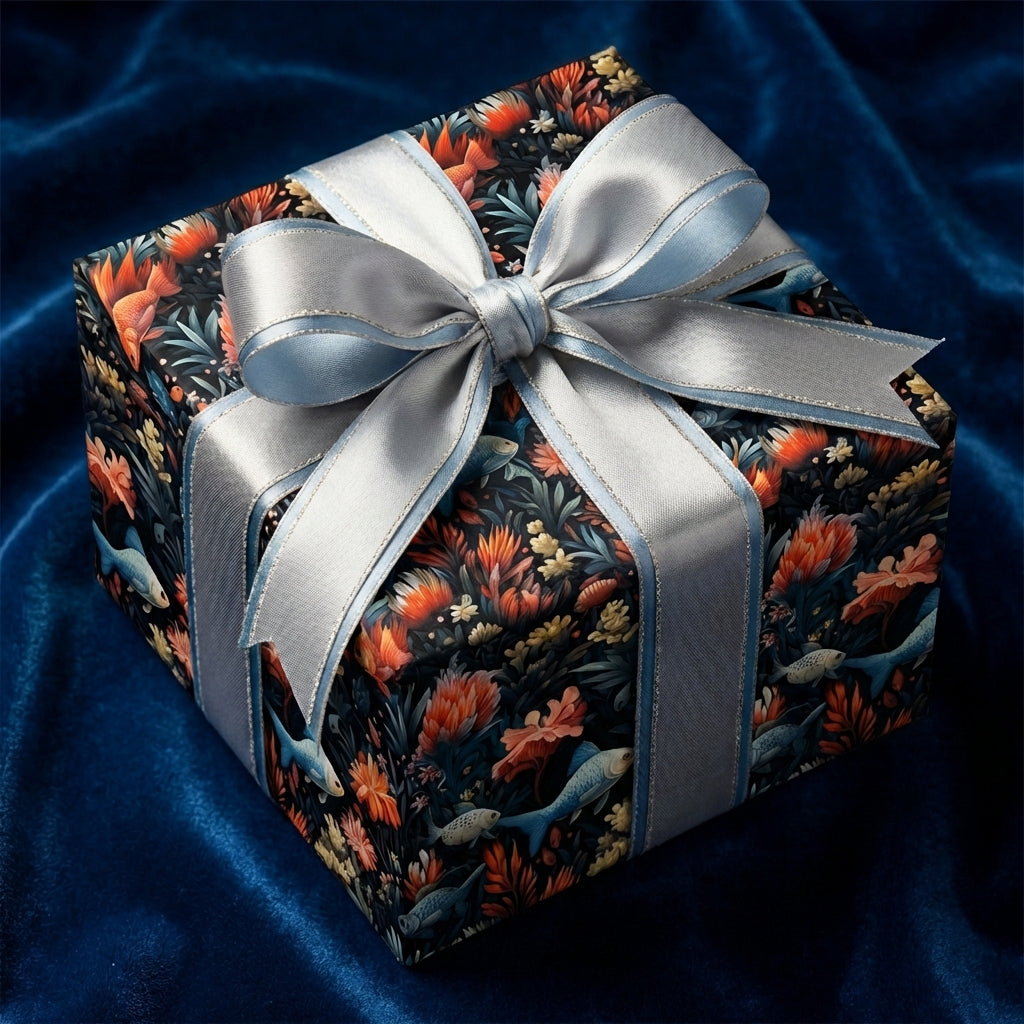 Elegant floral wrapping paper with blue ribbon, Wrapped Studios.