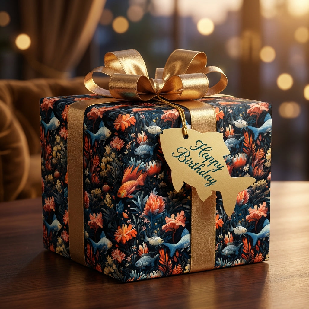 Floral birthday wrapping paper from Wrapped Studios, featuring gold ribbon and a fish-shaped gift tag.