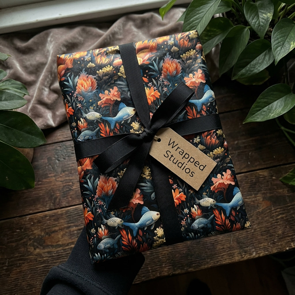 Wrapped Studios luxury gift wrap: dark floral paper with blue fish, tied with black ribbon.