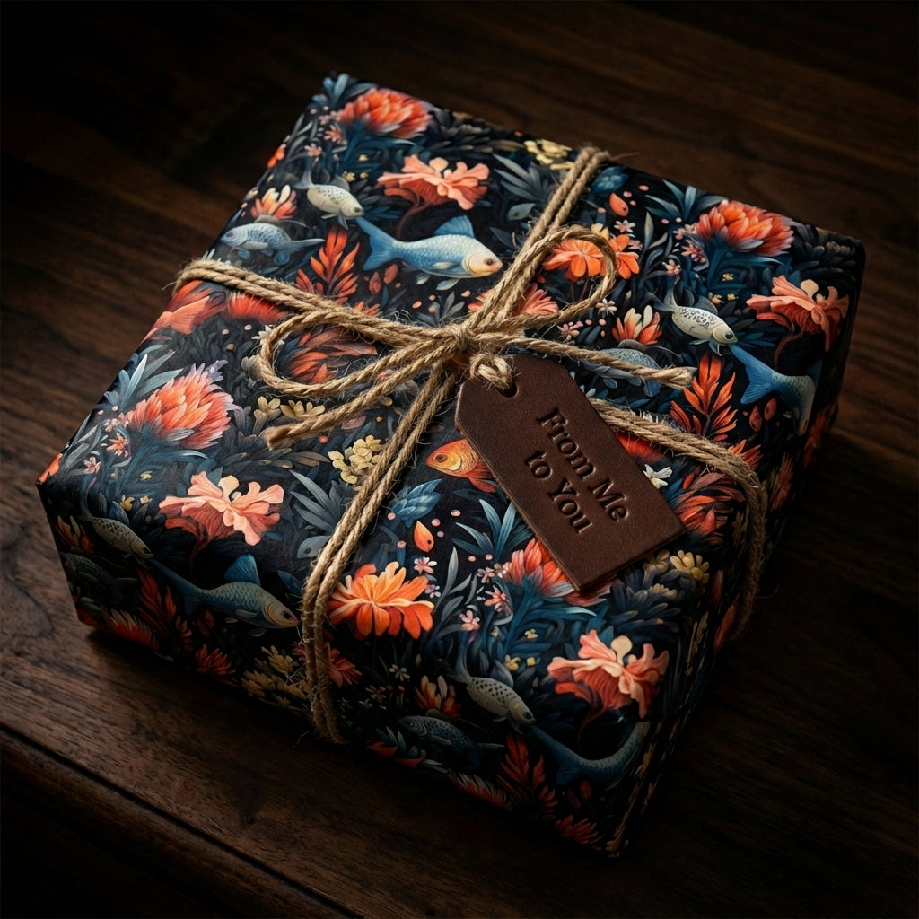 Elegant floral wrapping paper with fish motif, tied with twine and a "From Me to You" tag.
