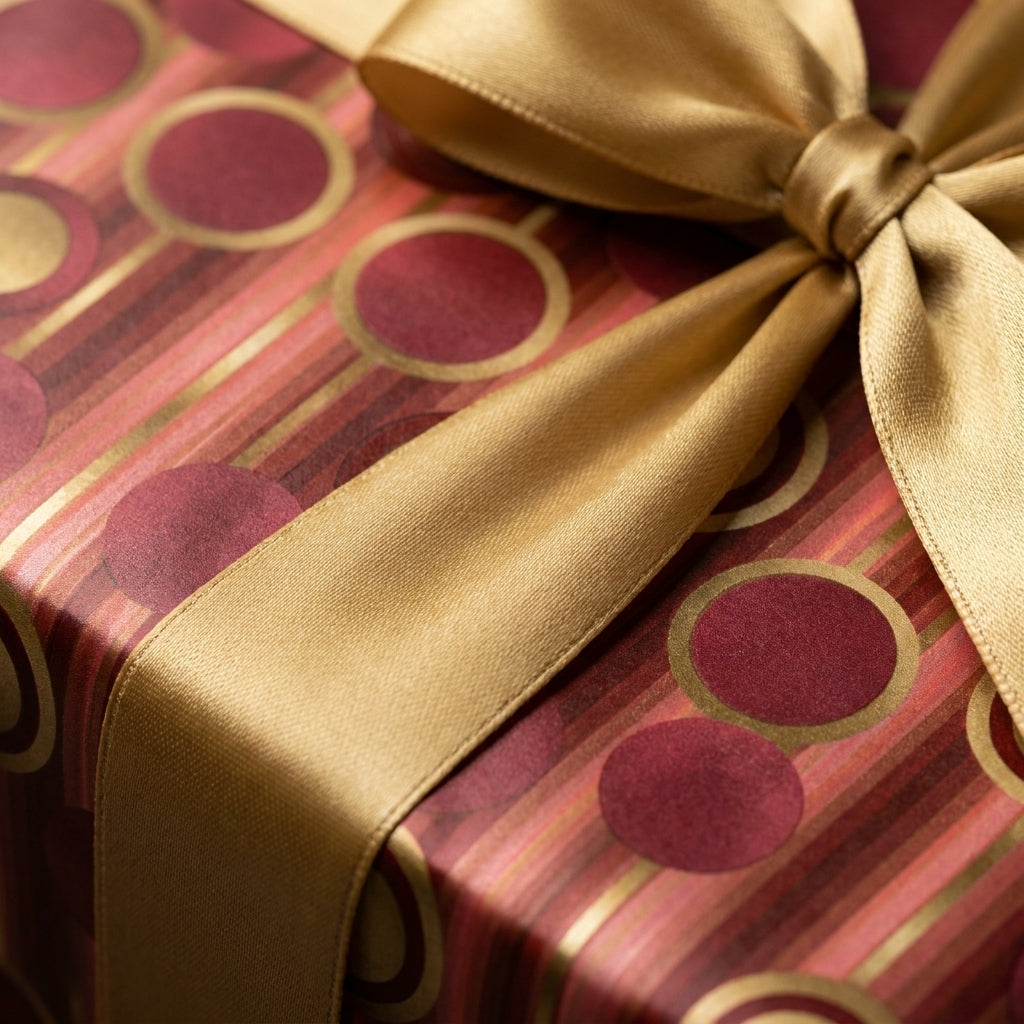 Luxury red and gold holiday wrapping paper with a satin bow by Wrapped Studios.