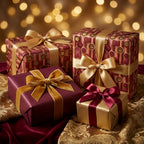 Luxury Christmas wrapping paper in burgundy and gold with elegant satin bows by Wrapped Studios.