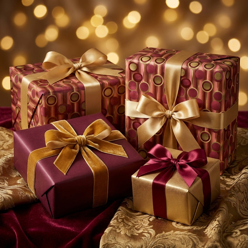 Luxury Christmas wrapping paper in burgundy and gold with elegant satin bows by Wrapped Studios.