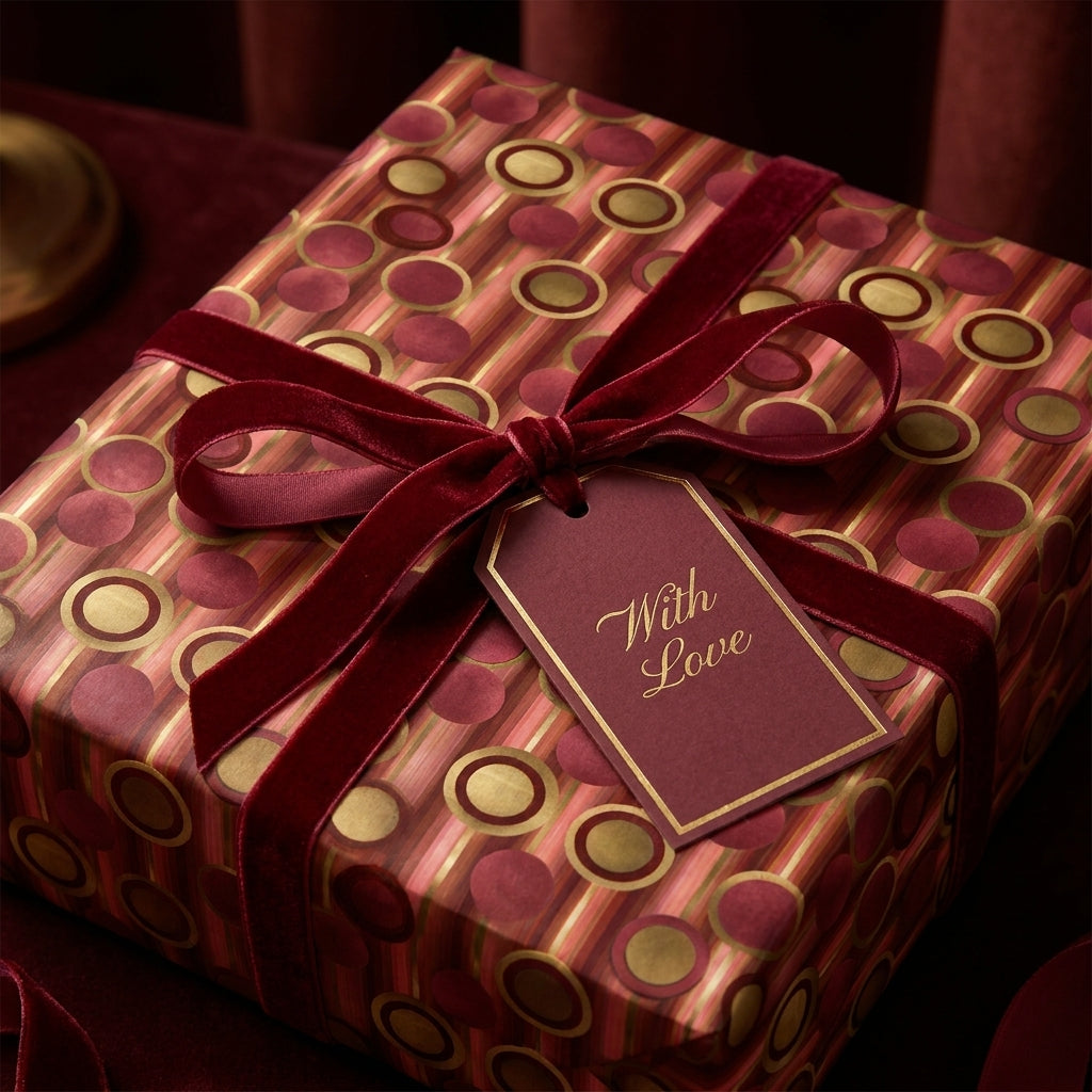 Luxury burgundy and gold wrapping paper with a red velvet ribbon by Wrapped Studios.