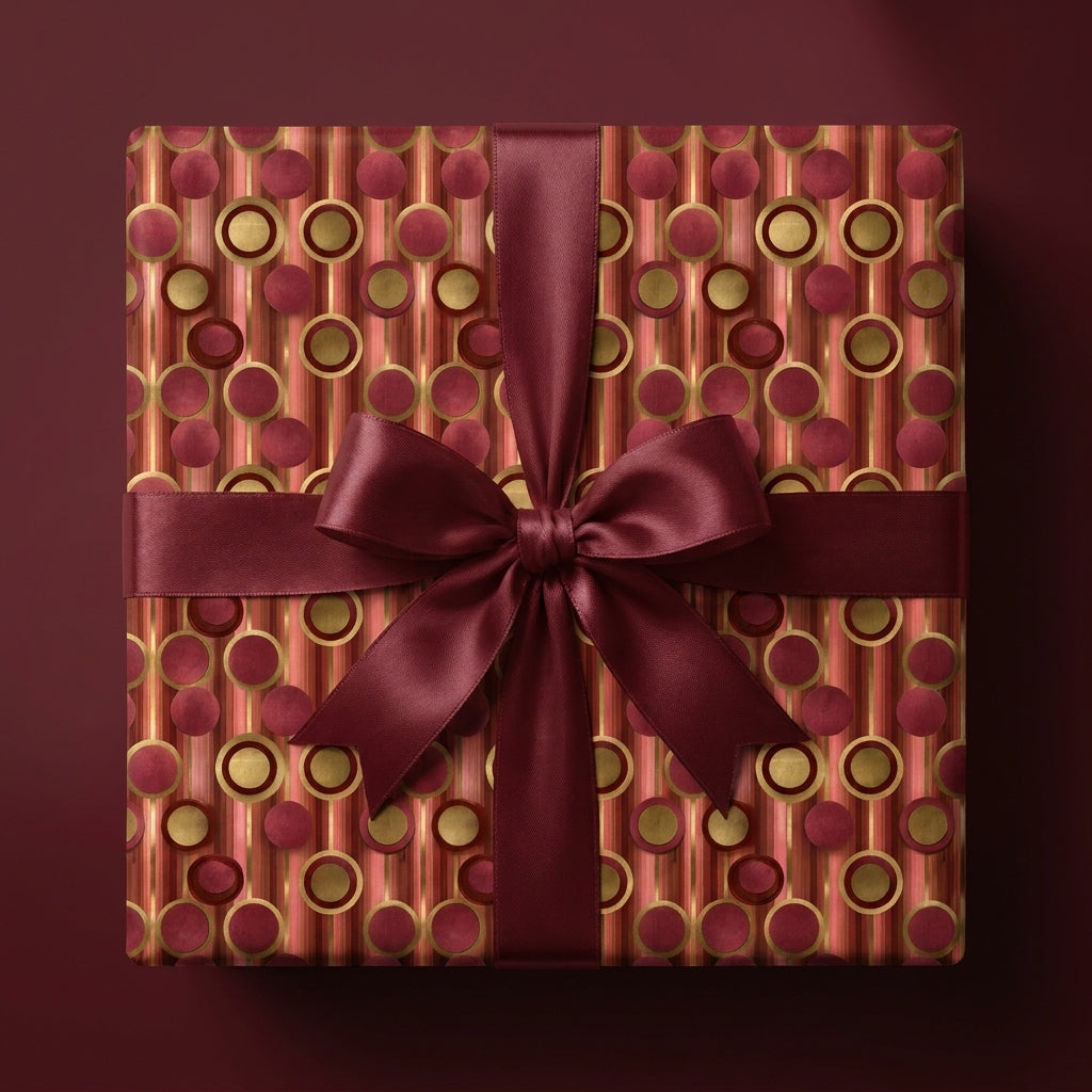 Elegant burgundy and gold geometric Christmas gift wrap with a satin ribbon bow from Wrapped Studios.