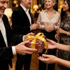 Elegant burgundy and gold luxury gift wrap with a yellow satin bow at a party by Wrapped Studios.