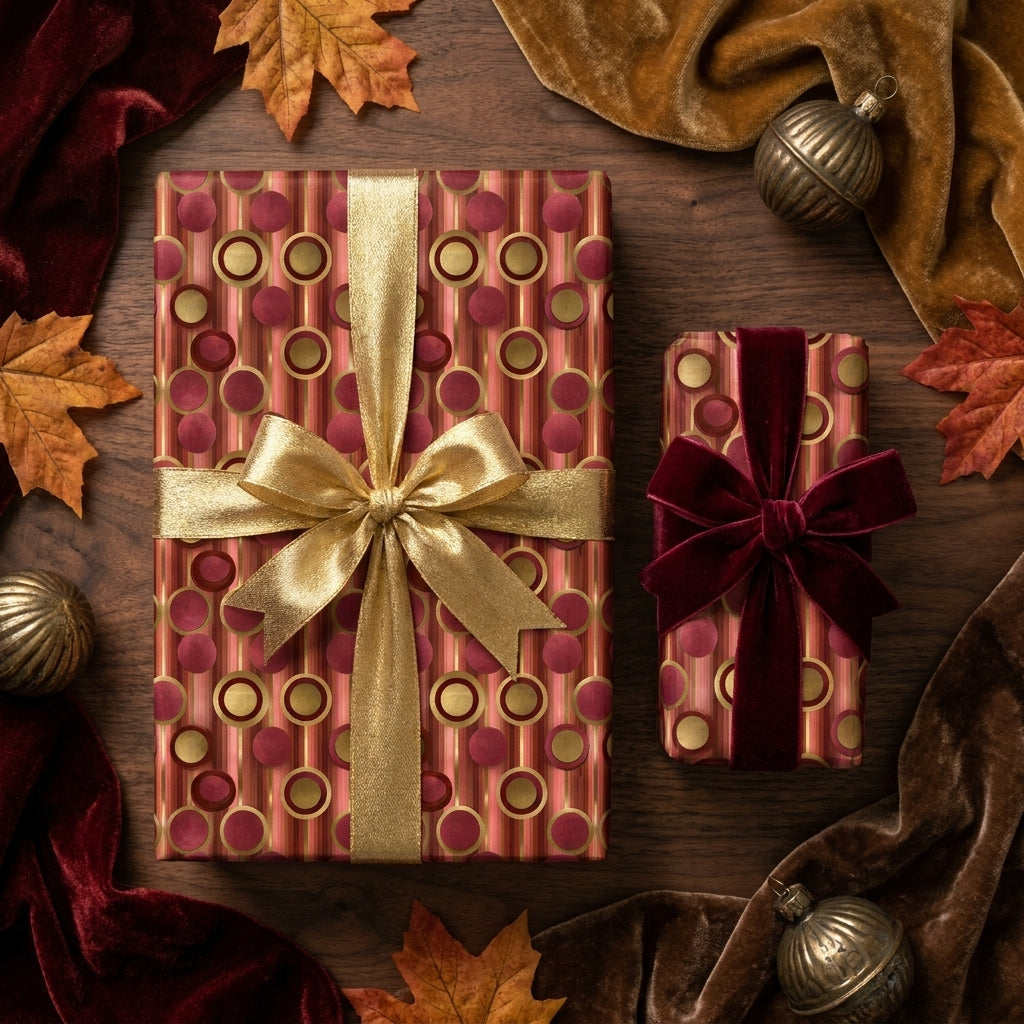 Luxury burgundy and gold geometric holiday wrapping paper with elegant bows by Wrapped Studios.