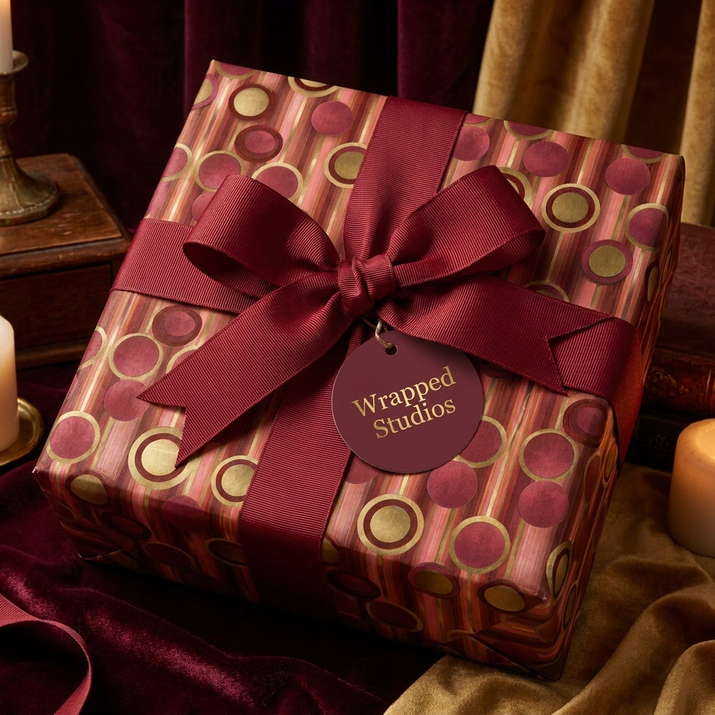 Luxury burgundy and gold holiday wrapping paper with a red ribbon bow and gift tag by Wrapped Studios.