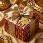 Luxury red and gold gift wrap with a satin bow and star tag, ideal for holiday gifts by Wrapped Studios.