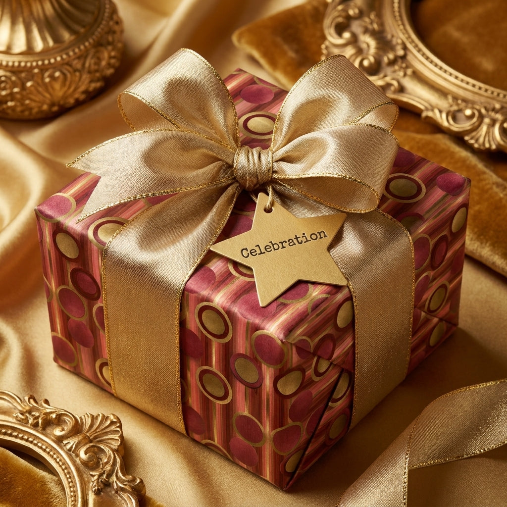 Luxury red and gold gift wrap with a satin bow and star tag, ideal for holiday gifts by Wrapped Studios.
