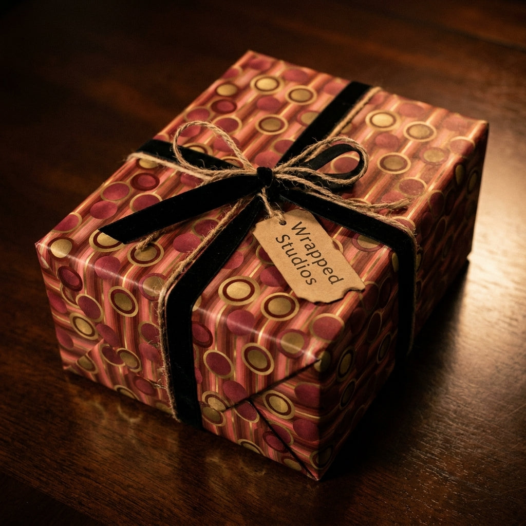Luxury retro wrapping paper in gold and burgundy with black velvet ribbon on a gift by Wrapped Studios.