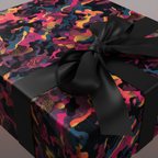 Gift wrapped in modern abstract wrapping paper with black ribbon.
