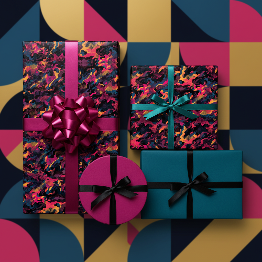 Elegant gift boxes in dark, jewel-toned wrapping paper with modern abstract patterns and colorful ribbons.